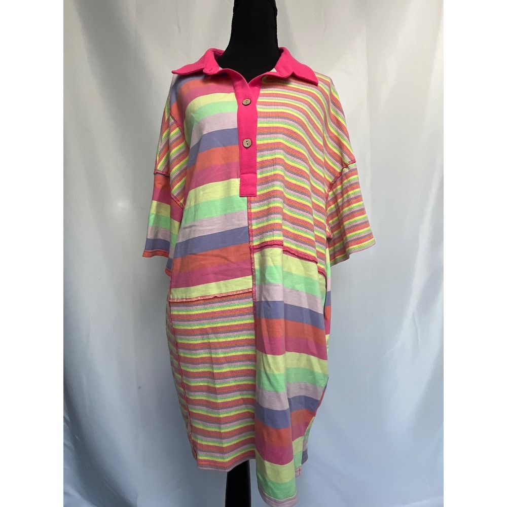 Fantastic Fawn Natalie Striped Polo Dress Pink Multi Color Patchwork Large NWT - Picture 2 of 16